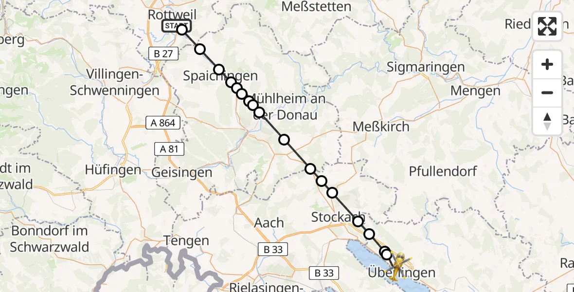 Flugroute Ambulanzhubschrauber Rottweil-Rottenmünster Hospital - Überlingen, 24 Juni 2026, 09:42