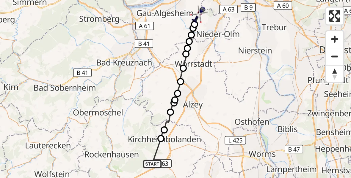 Flugroute Polizeihubschrauber Steinbach am Donnersberg - Schwabenheim an der Selz, 24 Juni 2026, 09:42