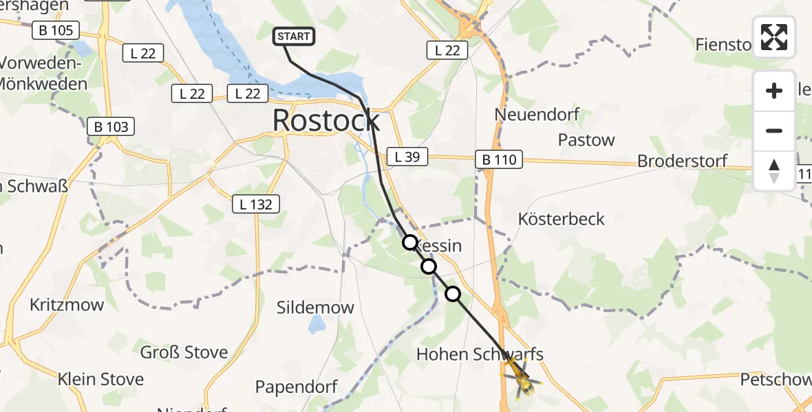 Flugroute Ambulanzhubschrauber Rostock - Dummerstorf, 24 Juni 2026, 09:48