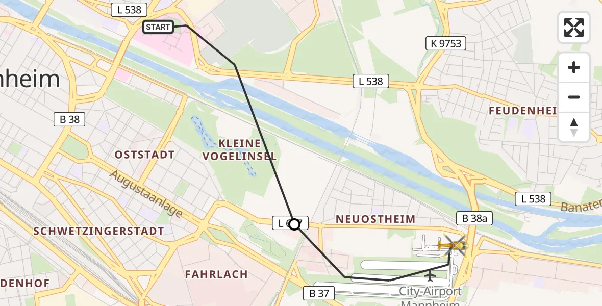 Flugroute Rettungshubschrauber Mannheim - Mannheim-City Flughafen, 24 Juni 2026, 09:50