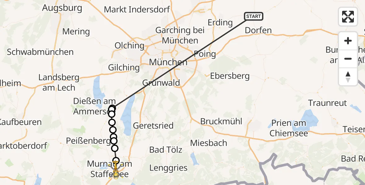 Flugroute Rettungshubschrauber Taufkirchen (Vils) - Riegsee, 24 Juni 2026, 09:55