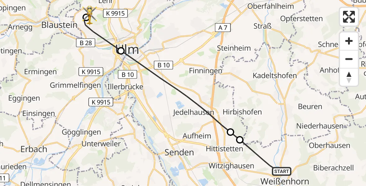 Flugroute Rettungshubschrauber Weißenhorn - Ulm Military Hospital Emergency Hubschrauberlandeplatz, 24 Juni 2026, 09:57