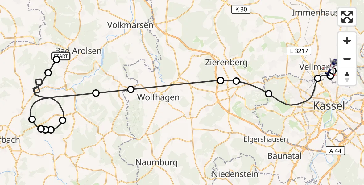 Flugroute Polizeihubschrauber Mengeringhausen Flugplatz - Fuldatal Bundespolizei Hubschrauberlandeplatz, 24 Juni 2026, 10:03