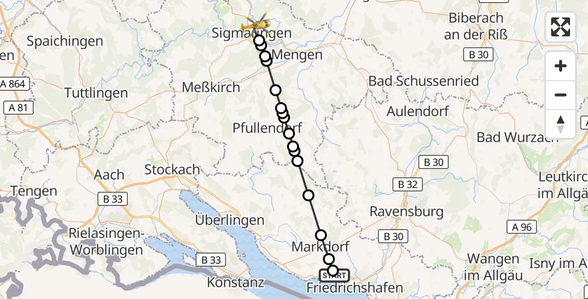 Flugroute Rettungshubschrauber Friedrichshafen Hospital - Sigmaringen, 24 Juni 2026, 10:05