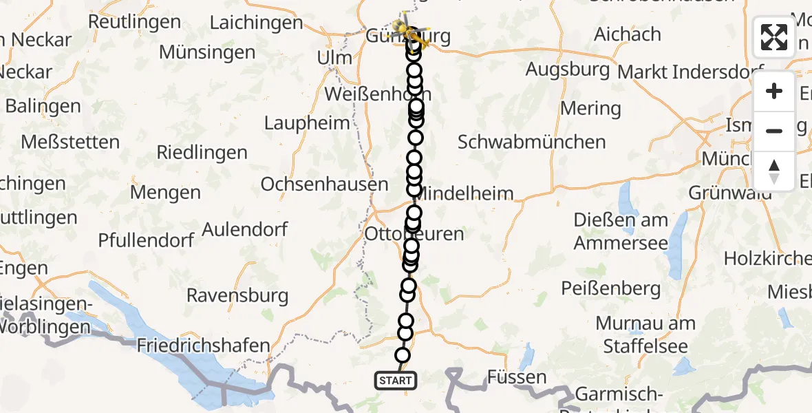 Flugroute Rettungshubschrauber Immenstadt i.Allgäu - Günzburg Hospital, 24 Juni 2026, 10:07
