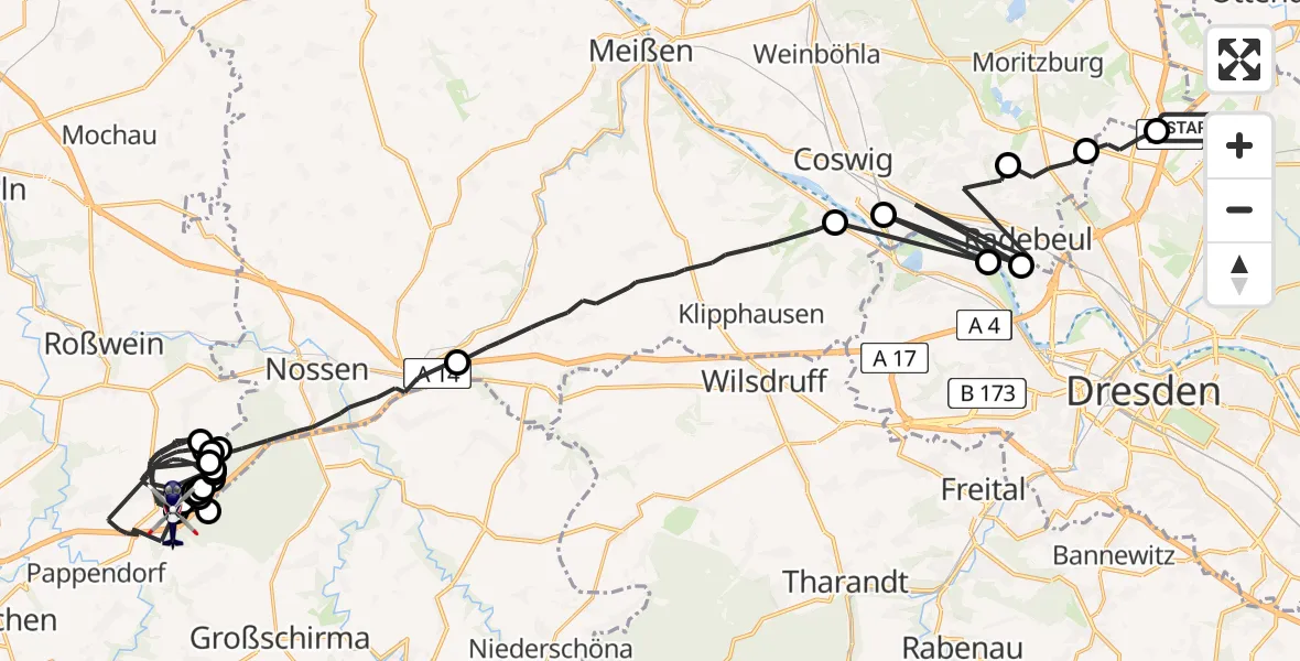 Flugroute Polizeihubschrauber Dresden Flughafen - Großschirma, 24 Juni 2026, 10:10