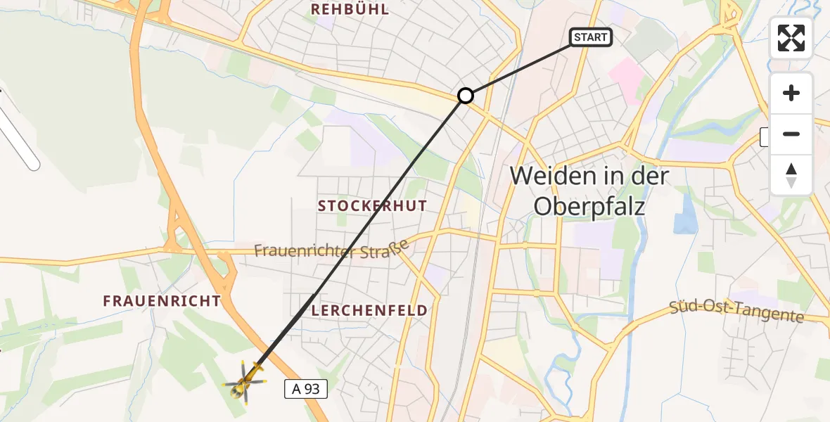Flugroute Rettungshubschrauber Weiden Hospital - Weiden i.d.OPf., 24 Juni 2026, 10:11