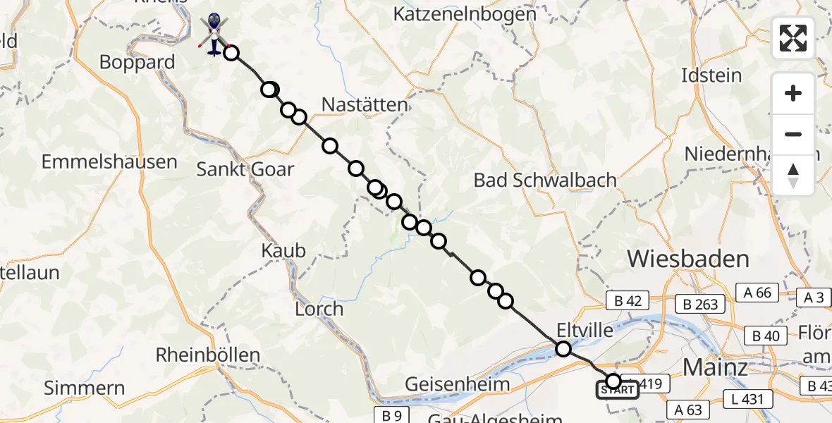 Flugroute Polizeihubschrauber Mainz - Braubach, 24 Juni 2026, 10:12