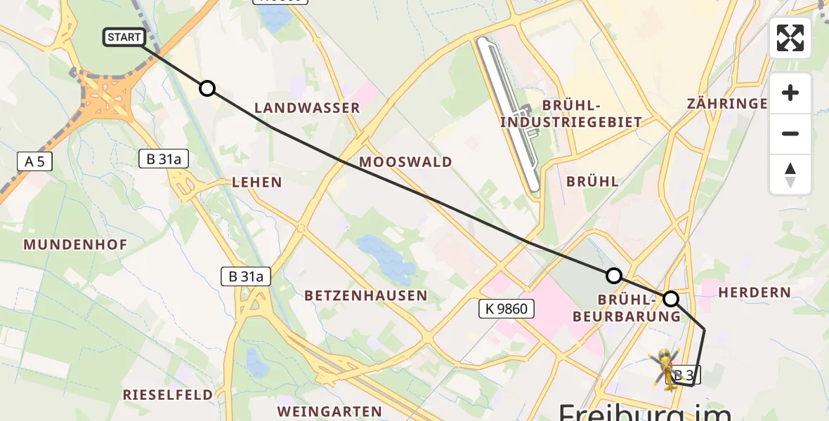 Flugroute Ambulanzhubschrauber Umkirch - Freiburg im Breisgau, 24 Juni 2026, 10:20