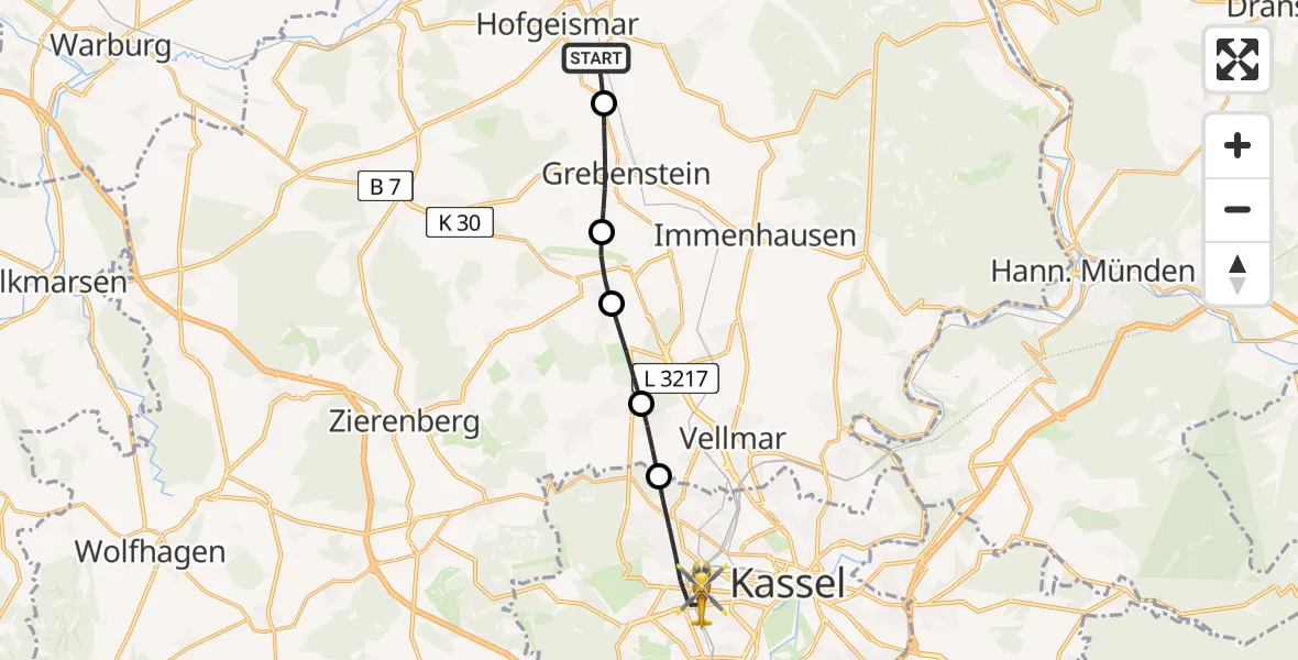 Flugroute Rettungshubschrauber Hofgeismar - Kassel, 24 Juni 2026, 10:20