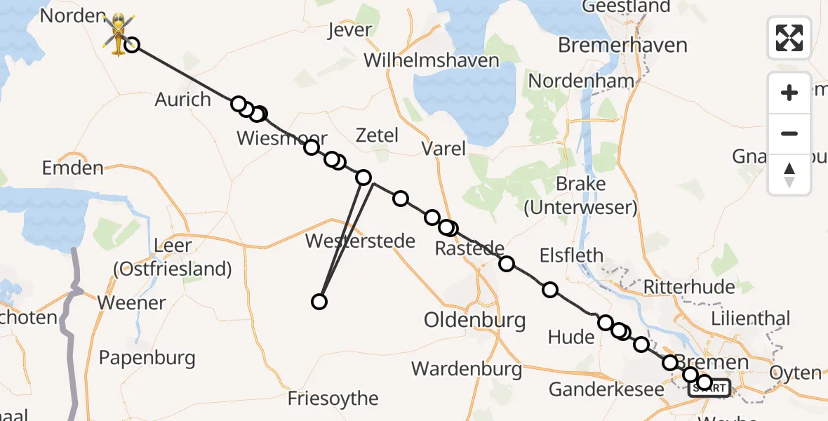 Flugroute Rettungshubschrauber Bremen - Großheide, 24 Juni 2026, 10:23