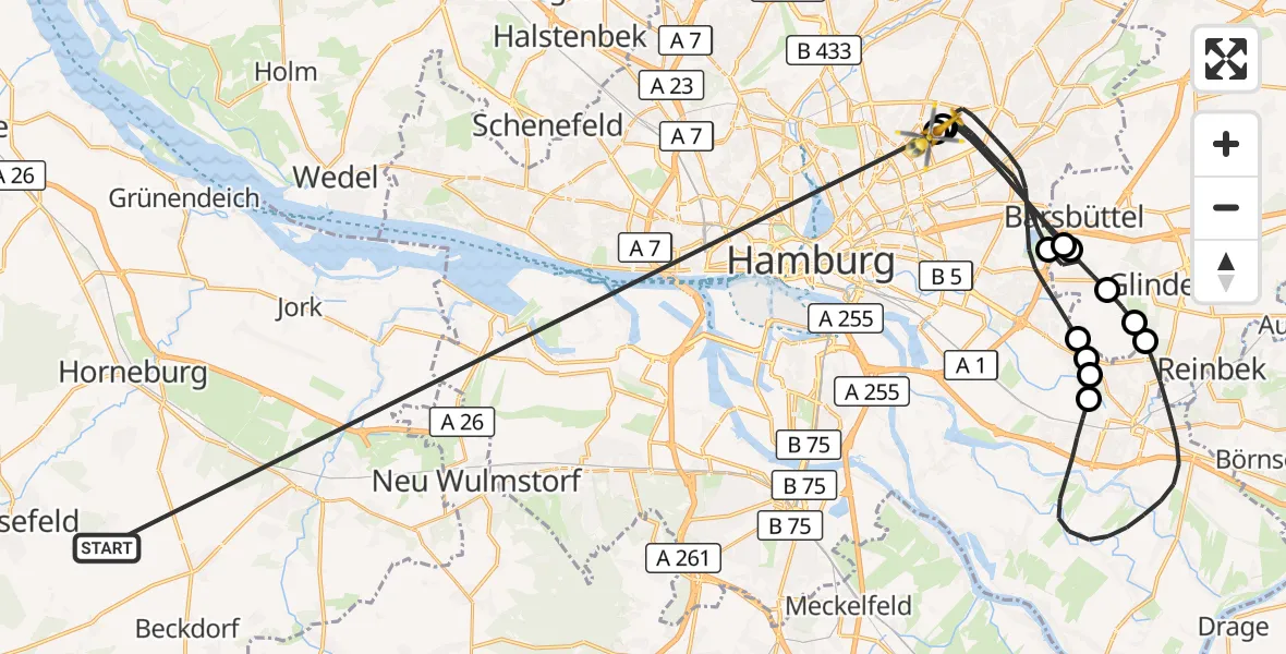 Flugroute Rettungshubschrauber Harsefeld - Hamburg Military Hospital, 24 Juni 2026, 10:23