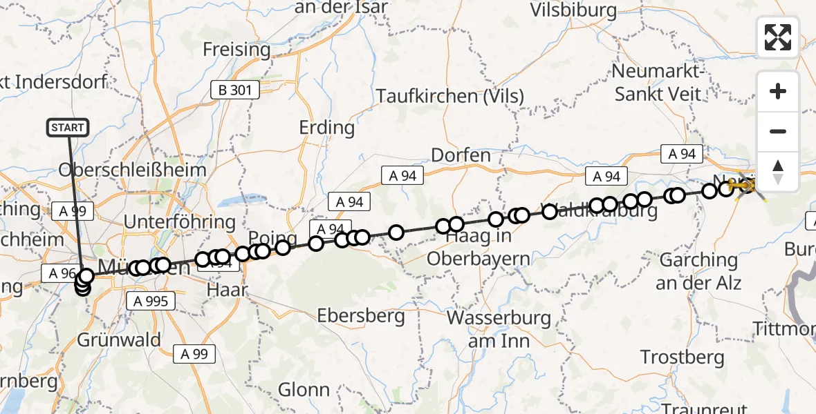 Flugroute Rettungshubschrauber Röhrmoos - Altötting-Burghausen District Hospital Altötting Hubschrauberlandeplatz, 24 Juni 2026, 10:24