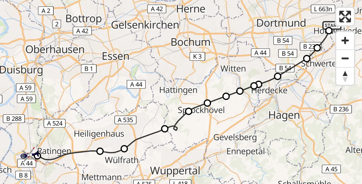 Flugroute Polizeihubschrauber Dortmund Flughafen - Düsseldorf Flughafen, 24 Juni 2026, 10:31