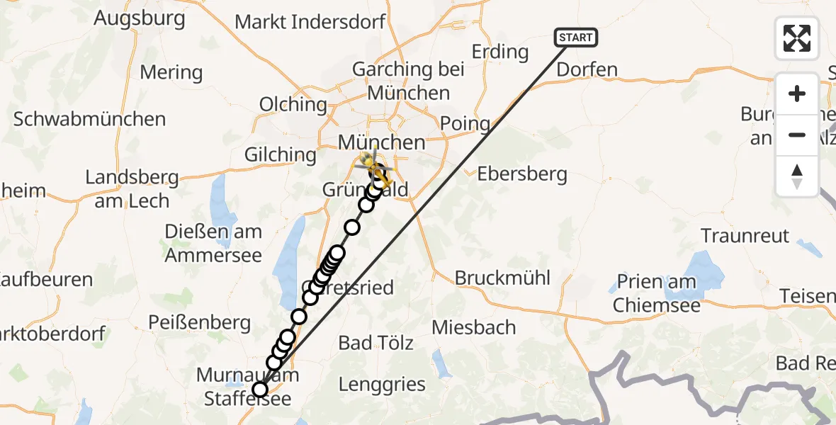 Flugroute Rettungshubschrauber Taufkirchen (Vils) - ADAC Air Rescue Center Hubschrauberlandeplatz (Christoph 1), 24 Juni 2026, 10:32