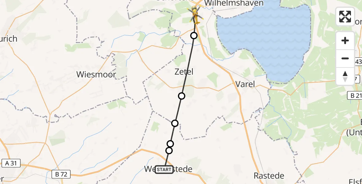 Flugroute Rettungshubschrauber Westerstede - Sande, 24 Juni 2026, 10:32