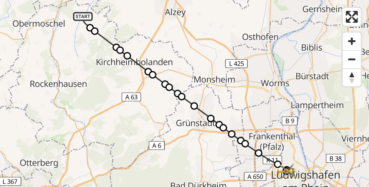 Flugroute Rettungshubschrauber Münsterappel - Ludwigshafen Accident Hospital, 24 Juni 2026, 10:34