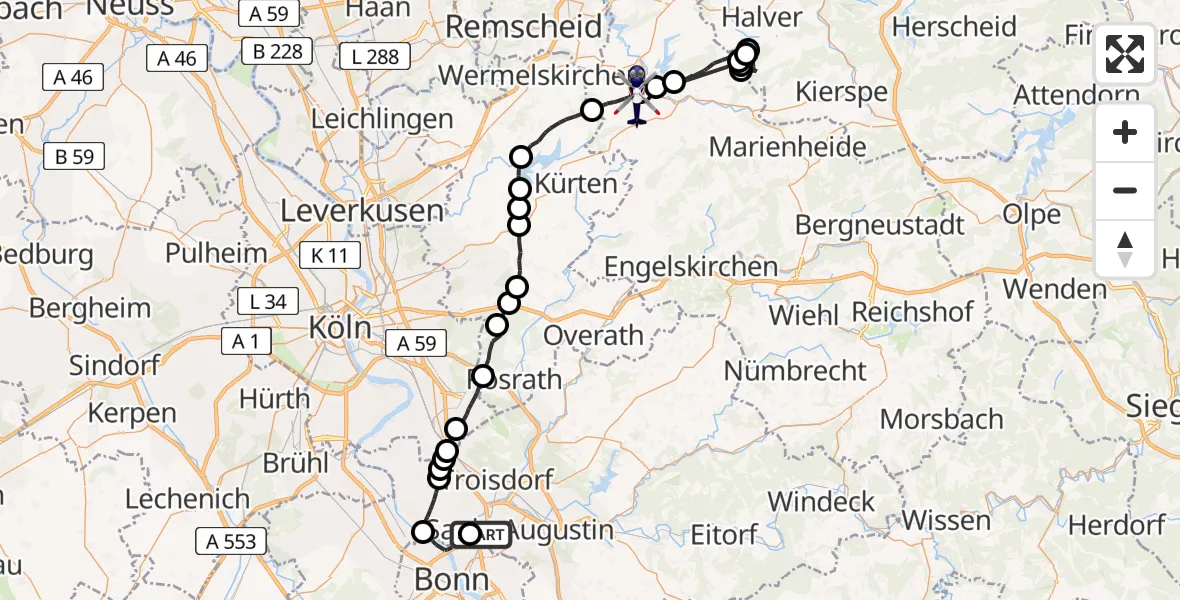 Flugroute Polizeihubschrauber Sankt Augustin - Wipperfürth, 24 Juni 2026, 10:35