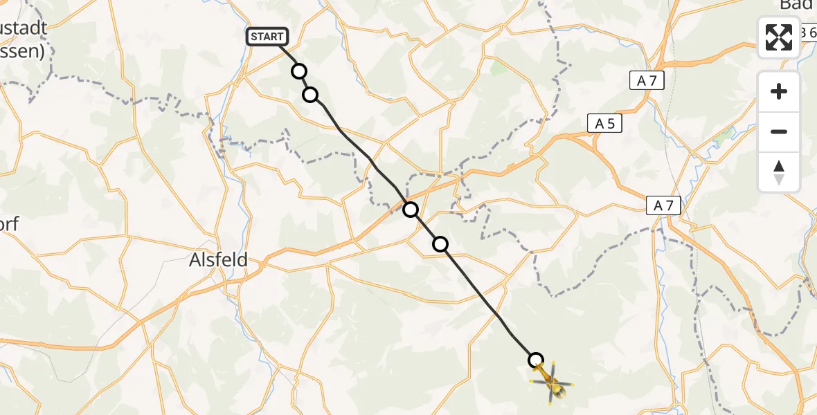 Flugroute Rettungshubschrauber Schrecksbach - Schlitz, 24 Juni 2026, 10:38