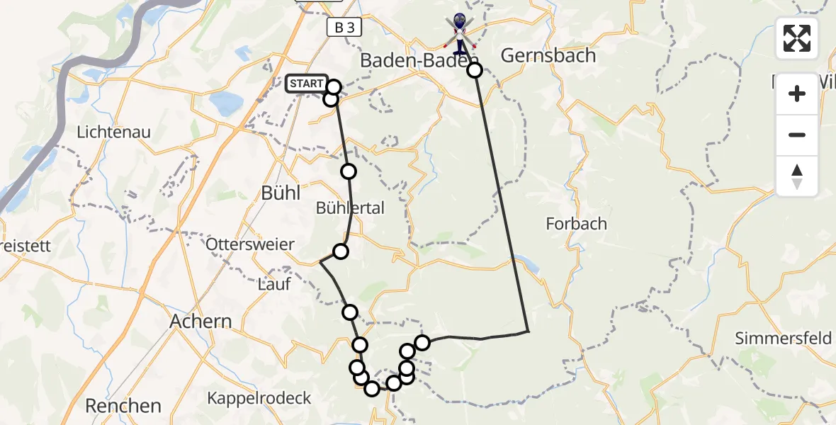 Flugroute Polizeihubschrauber Sinzheim - Baden-Baden, 24 Juni 2026, 10:38