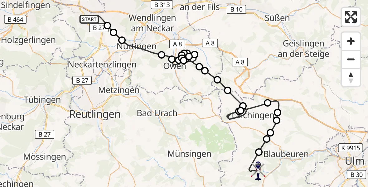 Flugroute Polizeihubschrauber Flughafen Stuttgart - Schelklingen, 24 Juni 2026, 10:43