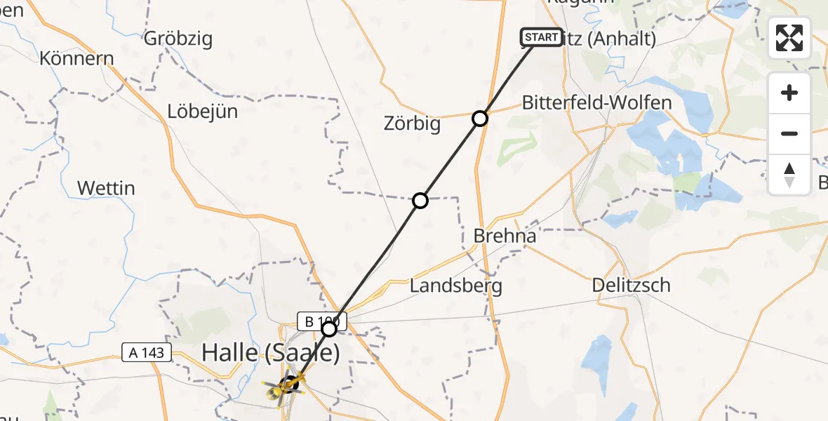 Flugroute Rettungshubschrauber Bitterfeld-Wolfen - BG Hospital Bergmannstrost Halle, 24 Juni 2026, 10:44
