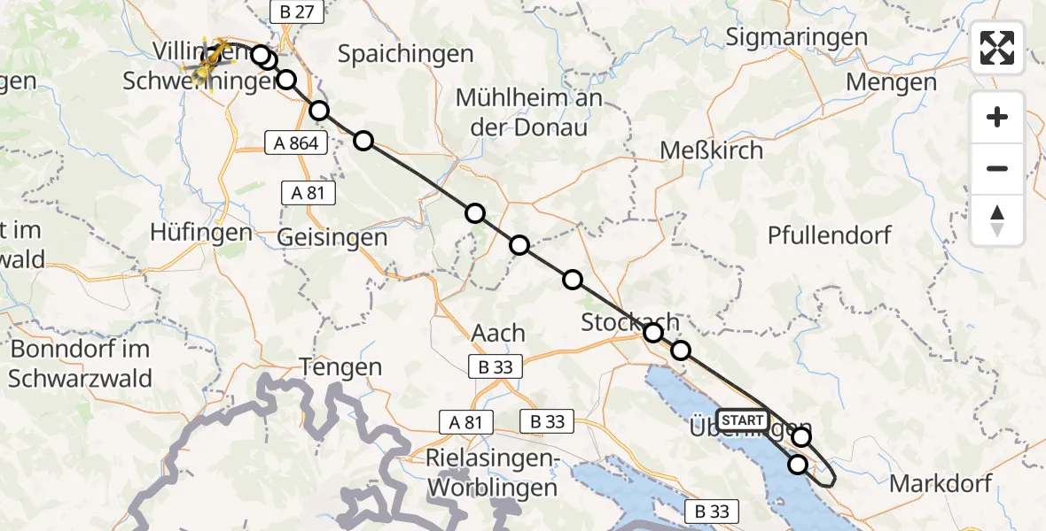 Flugroute Ambulanzhubschrauber Überlingen - DRF Air Rescue Station Villingen-Schwenningen Hubschrauberlandeplatz (Christoph 11), 24 Juni 2026, 10:48