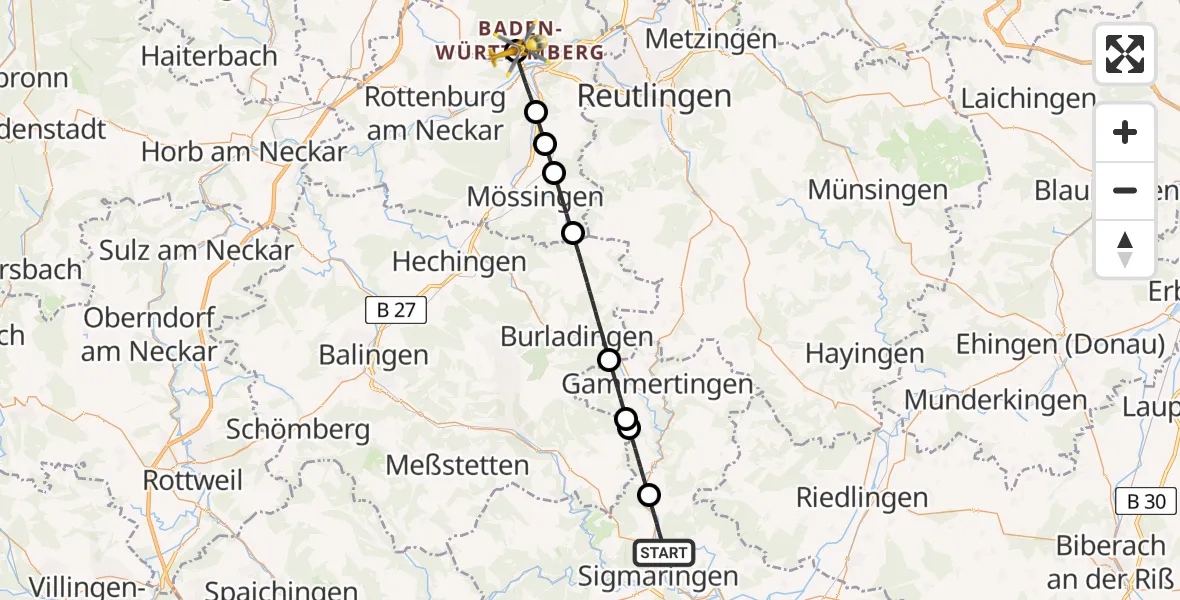 Flugroute Rettungshubschrauber Sigmaringen - Tübingen University Hospital, 24 Juni 2026, 10:56