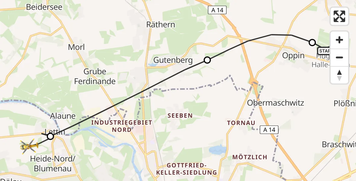 Flugroute Rettungshubschrauber Halle-Oppin Flugplatz - Halle (Saale), 24 Juni 2026, 10:57