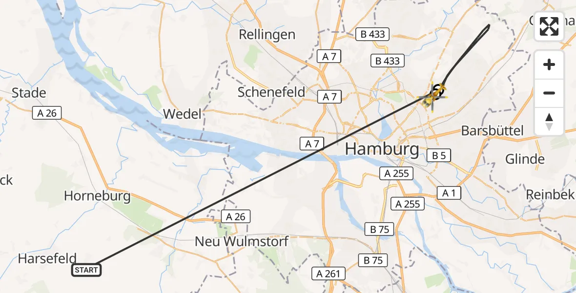 Flugroute Rettungshubschrauber Harsefeld - Hamburg Military Hospital, 24 Juni 2026, 10:58