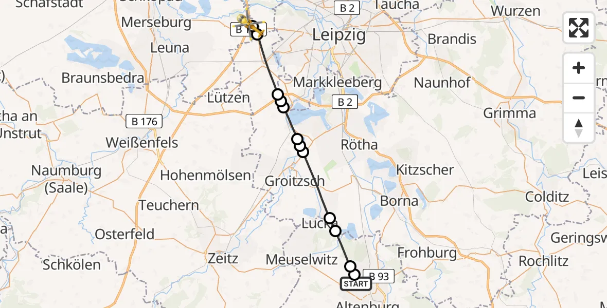 Flugroute Rettungshubschrauber Rositz - ADAC Air Rescue Station Leipzig/Schkeuditz-Dölzig Hubschrauberlandeplatz (Christoph 61), 24 Juni 2026, 10:59