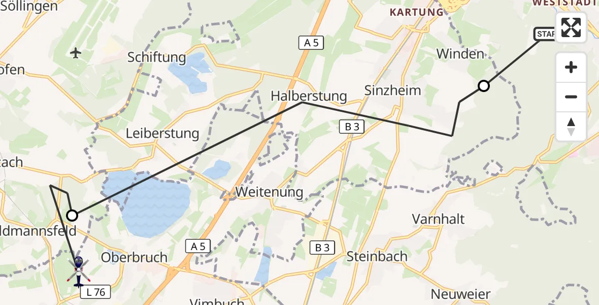 Flugroute Polizeihubschrauber Baden-Baden - Bühl, 24 Juni 2026, 11:02