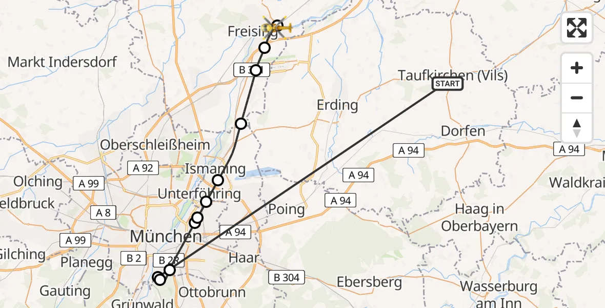 Flugroute Rettungshubschrauber Taufkirchen (Vils) - Marzling, 24 Juni 2026, 11:04