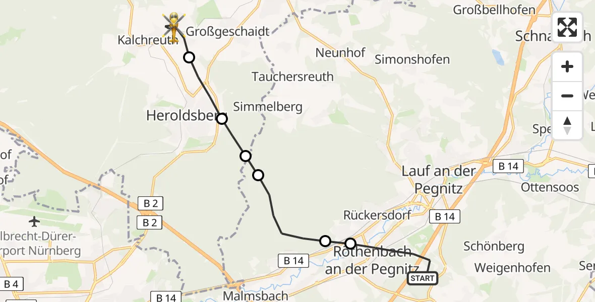 Flugroute Rettungshubschrauber Röthenbach a.d.Pegnitz - Kalchreuth, 24 Juni 2026, 11:12