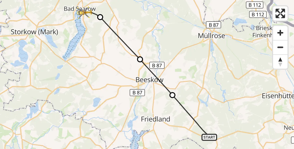 Flugroute Rettungshubschrauber Friedland - Bad Saarow, 24 Juni 2026, 11:23