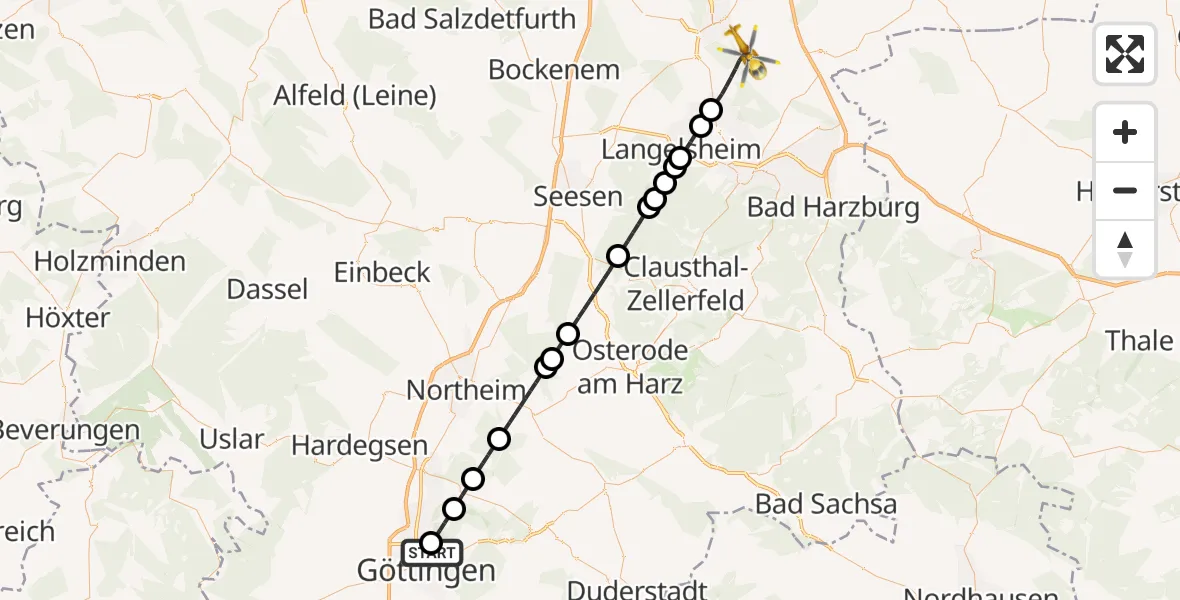 Flugroute Rettungshubschrauber Göttingen University Clinic Hubschrauberlandeplatz - Liebenburg, 24 Juni 2026, 11:24