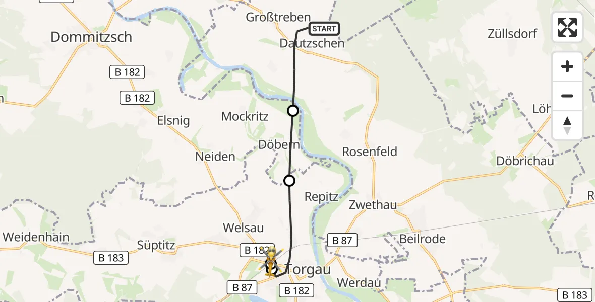 Flugroute Rettungshubschrauber Beilrode - Torgau District Hospital, 24 Juni 2026, 11:25