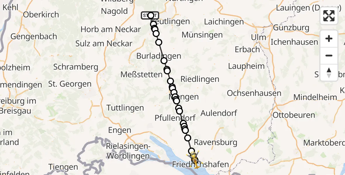Flugroute Rettungshubschrauber Tübingen University Hospital - Friedrichshafen Hospital Hubschrauberlandeplatz, 24 Juni 2026, 11:35