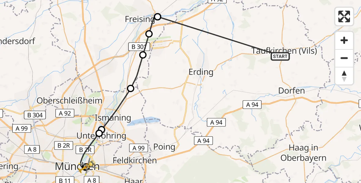 Flugroute Rettungshubschrauber Taufkirchen (Vils) - Rechts der Isar University Hospital, 24 Juni 2026, 11:36