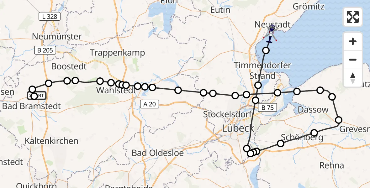 Flugroute Polizeihubschrauber Bad Bramstedt Hubschrauberlandeplatz - Neustadt in Holstein, 24 Juni 2026, 11:40