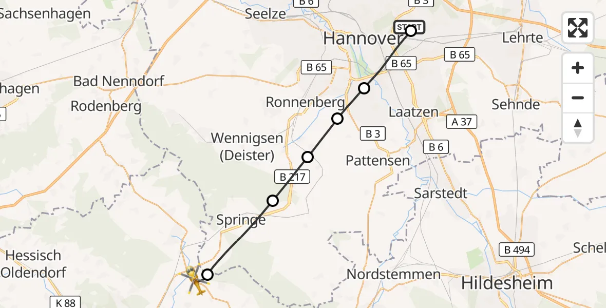 Flugroute Rettungshubschrauber Hannover Luftrettung Hubschrauberlandeplatz (Christoph 4) - Bad Münder am Deister, 24 Juni 2026, 11:41