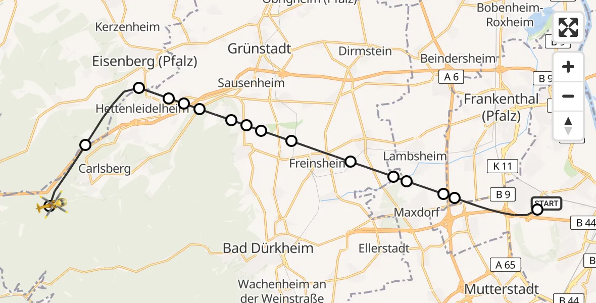 Flugroute Rettungshubschrauber Ludwigshafen Accident Hospital - Grünstadt, 24 Juni 2026, 11:41