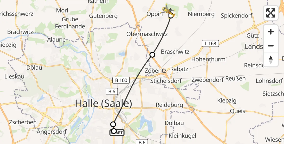 Flugroute Rettungshubschrauber BG Hospital Bergmannstrost Halle - Halle-Oppin Flugplatz, 24 Juni 2026, 11:41