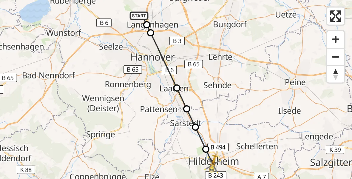 Flugroute Rettungshubschrauber Flughafen Hannover - Hildesheim, 24 Juni 2026, 11:42
