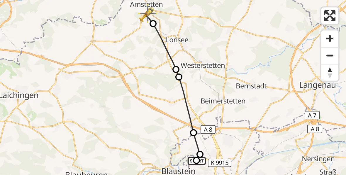 Flugroute Rettungshubschrauber Ulm Military Hospital Emergency - Amstetten, 24 Juni 2026, 11:46
