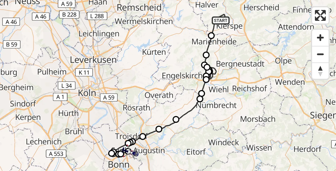 Flugroute Polizeihubschrauber Kierspe - Sankt Augustin, 24 Juni 2026, 11:49