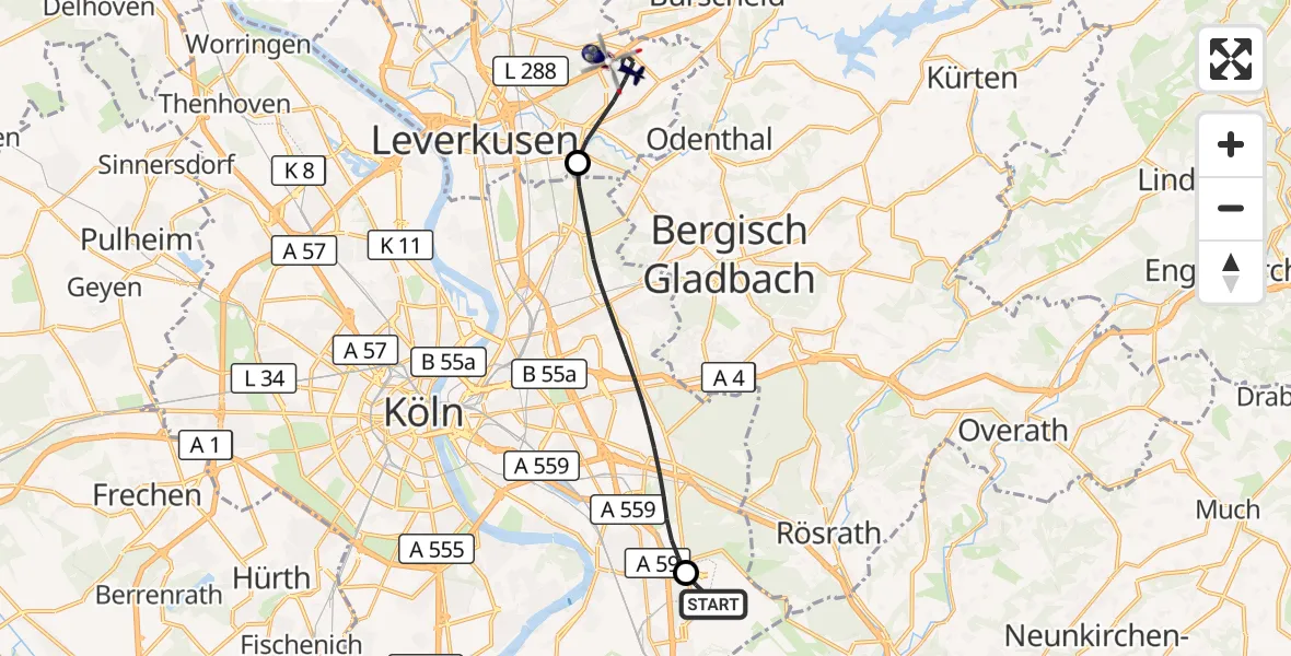 Flugroute Polizeihubschrauber Köln Bonn Flughafen - Leverkusen, 24 Juni 2026, 11:51