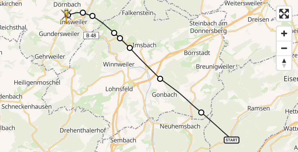 Flugroute Rettungshubschrauber Ramsen - Imsweiler UL, 24 Juni 2026, 11:55