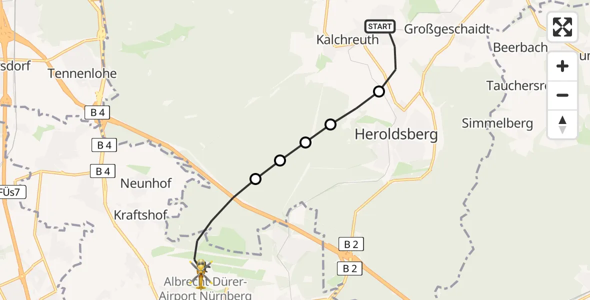 Flugroute Rettungshubschrauber Kalchreuth - Flughafen Nuremberg, 24 Juni 2026, 11:56