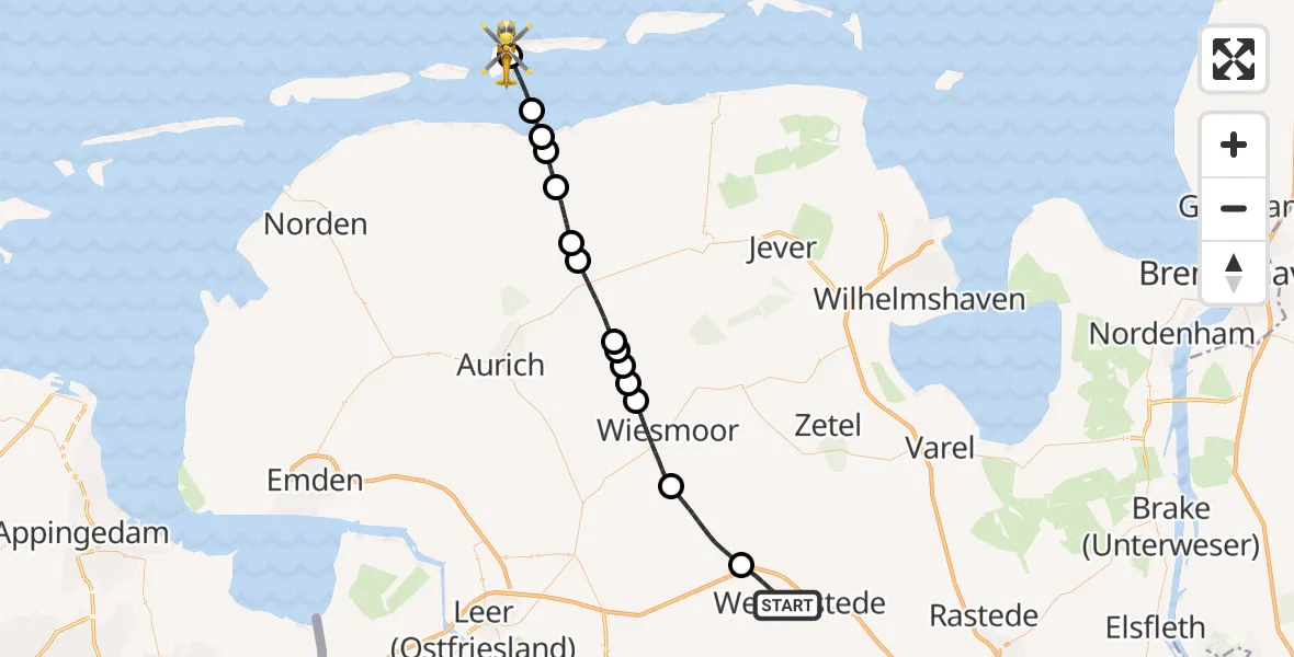 Flugroute Ambulanzhubschrauber Westerstede - Langeoog Flughafen, 24 Juni 2026, 12:01